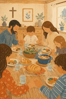 Christian Family Dinner Prayer Around Rustic Table