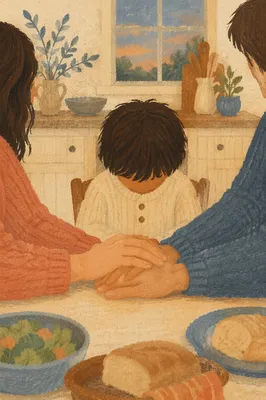 Christian Family Holding Hands in Dinner Prayer