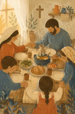 Christian Family Dinner Prayer Around Rustic Table