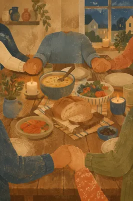 Christian Family Dinner Prayer Around Rustic Table
