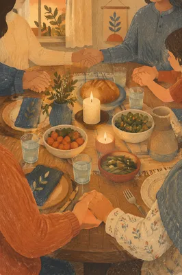 Christian Family Dinner Prayer Around Rustic Table