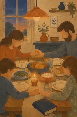 Christian Family Dinner Prayer Around Wooden Table