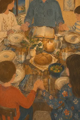 Christian Family Dinner Prayer Around Rustic Table