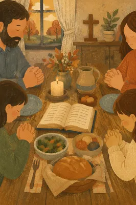 Christian Family Dinner Prayer at Rustic Table