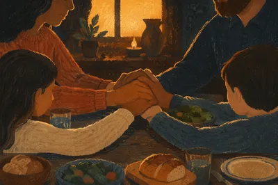 Christian Family Dinner Prayer in Warm Light