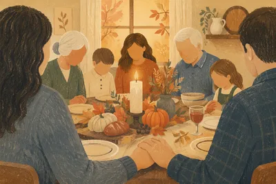 Christian Family Dinner Prayer at Autumn Table