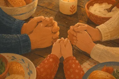 Christian Family Hands Joined in Dinner Prayer