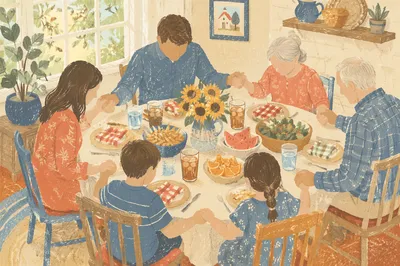 Christian Family Dinner Prayer at Sunlit Table