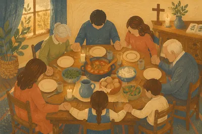 Christian Family Holding Hands at Dinner Prayer