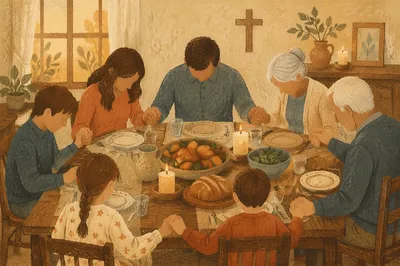 Christian Family Holding Hands in Dinner Prayer