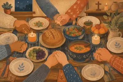 Christian Family Holding Hands in Dinner Prayer