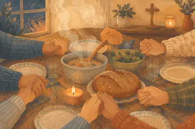 Christian Family Dinner Prayer Around Rustic Table