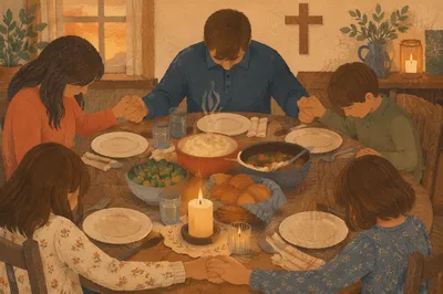 Christian Family Dinner Prayer with Interlinked Hands