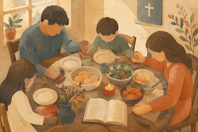 Christian Family Dinner Prayer Around Rustic Table