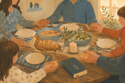 Christian Family Dinner Prayer Around Rustic Table