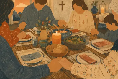 Christian Family Dinner Prayer Around Rustic Table