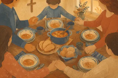 Christian Family Dinner Prayer Around Rustic Table