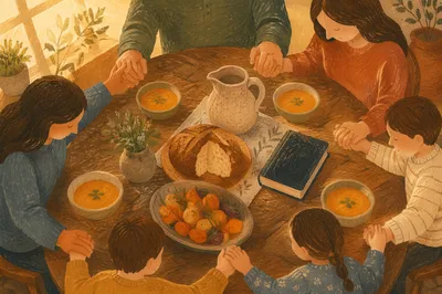 Christian Family Dinner Prayer Around Rustic Table