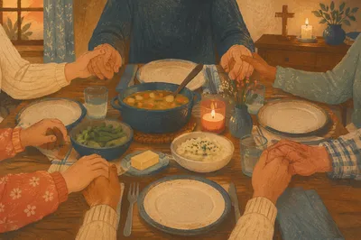 Christian Family Dinner Prayer Around Warm Table
