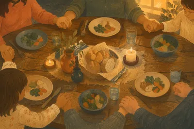 Christian Family Dinner Prayer at Rustic Table