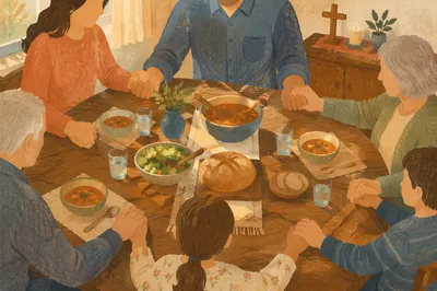 Christian Family Dinner Prayer Around Rustic Table