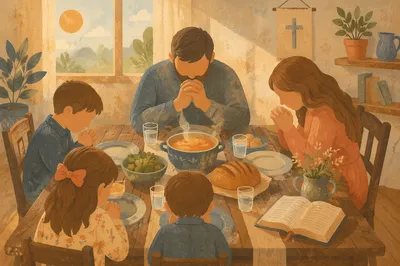 Christian Family Dinner Prayer in Warm Light