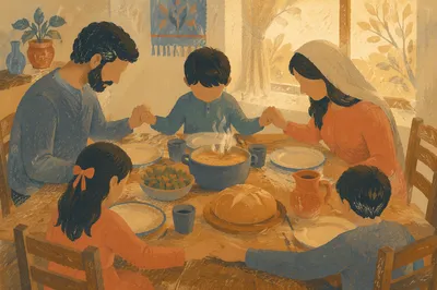 Christian Family Dinner Prayer Around Rustic Table