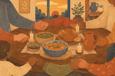 Christian Family Dinner Prayer Around Rustic Table