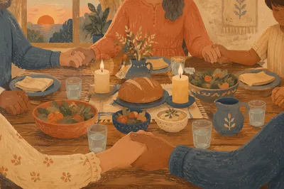 Christian Family Dinner Prayer Around Rustic Table