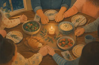 Christian Family Dinner Prayer Around Rustic Table