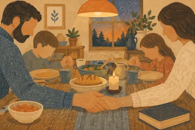 Christian Family Dinner Prayer Around Wooden Table