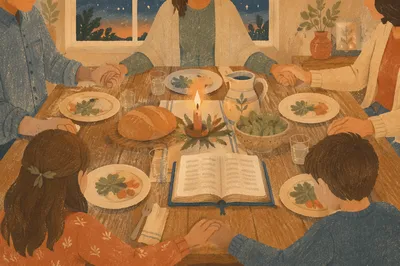 Christian Family Dinner Prayer Around Rustic Table
