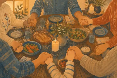 Christian Family Dinner Prayer Around Rustic Table