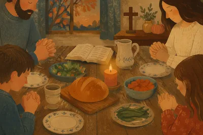 Christian Family Dinner Prayer Around Rustic Table