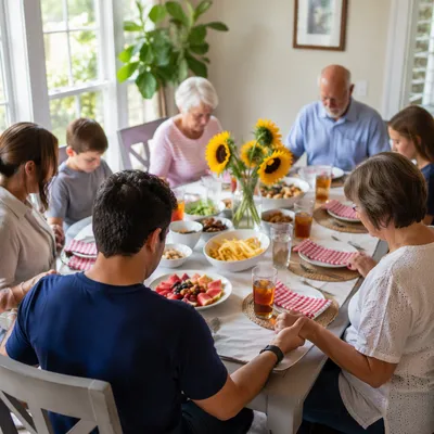 Christian Family Dinner Prayer at Sunlit Table