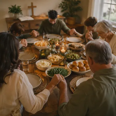Christian Family Dinner Prayer Around Rustic Table