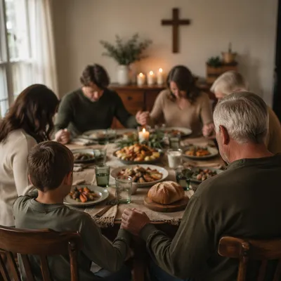 Christian Family Dinner Prayer Around Rustic Table