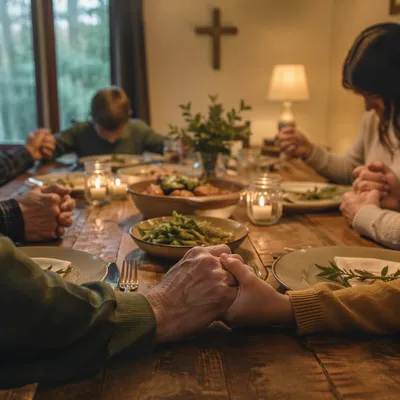 Christian Family Dinner Prayer Around Rustic Table