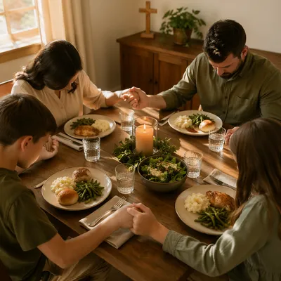 Christian Family Holding Hands in Dinner Prayer
