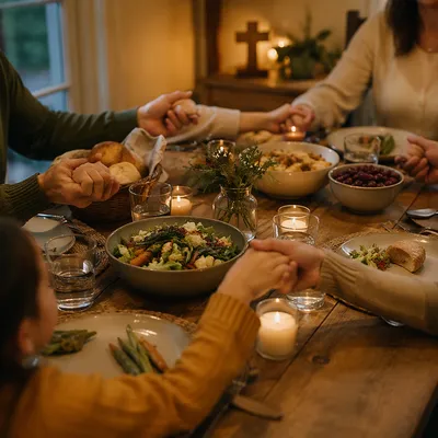 Christian Family Holding Hands Dinner Prayer