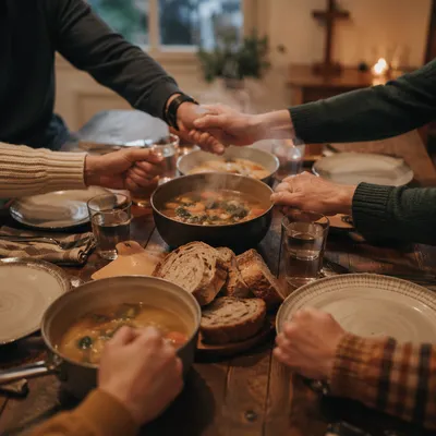 Christian Family Dinner Prayer Around Rustic Table