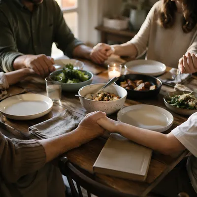 Christian Family Holding Hands in Dinner Prayer