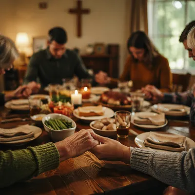 Christian Family Holding Hands in Dinner Prayer