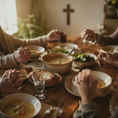 Christian Family Dinner Prayer Around Wooden Table