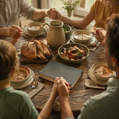 Christian Family Dinner Prayer Around Rustic Table