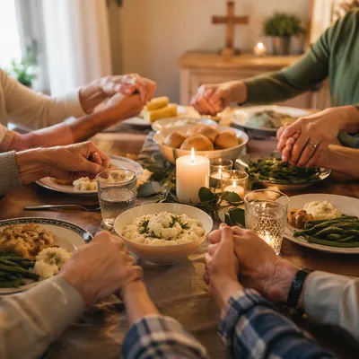Christian Family Holding Hands at Dinner Prayer