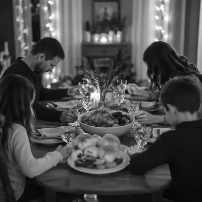 Family Holding Hands in Dinner Prayer