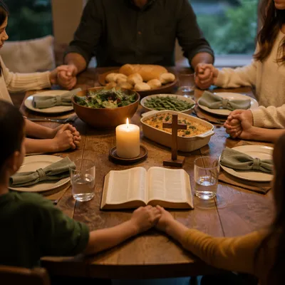Christian Family Dinner Prayer Around Wooden Table
