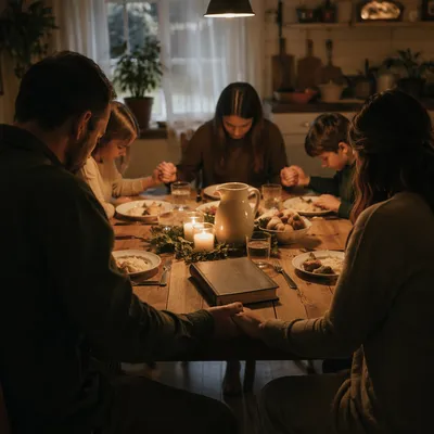 Christian Family Dinner Prayer at Rustic Table