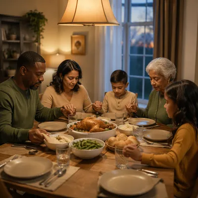 Christian Family Holding Hands in Dinner Prayer